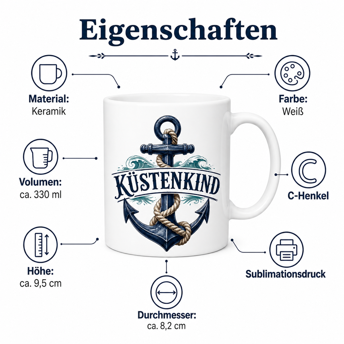Keramiktasse Küstenkind – Anker, ca. 330 ml