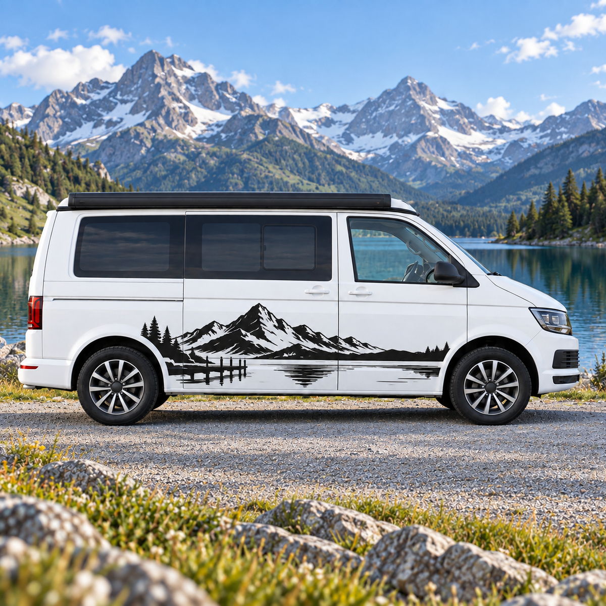 Alpensee mit Bergpanorama & Holzsteg | Wohnmobilaufkleber 60–200 cm | ab 39,90€