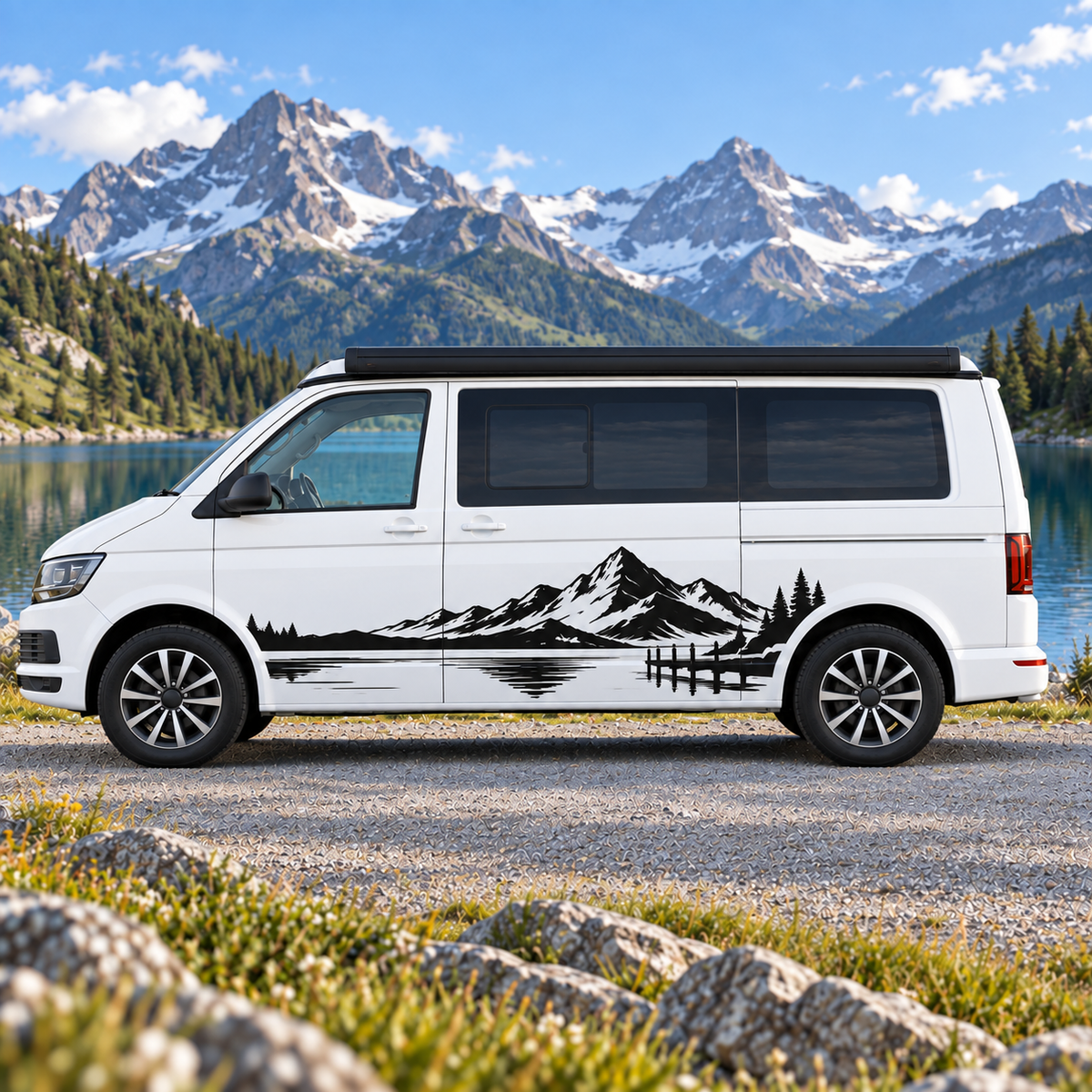 Alpensee mit Bergpanorama & Holzsteg | Wohnmobilaufkleber 60–200 cm | ab 39,90€