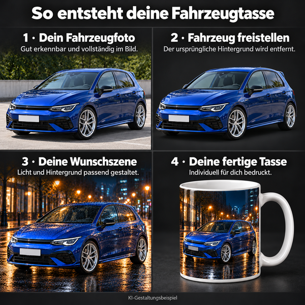 Personalisierte Fahrzeug-Tasse mit eigenem Auto und Wunschszene | ab 29,90€