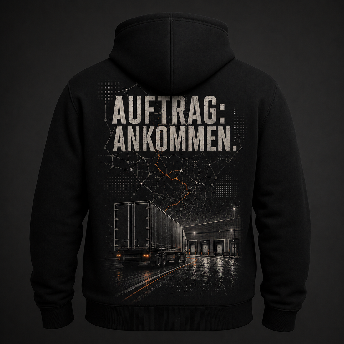 Trucker-Hoodie „Auftrag: Ankommen.“