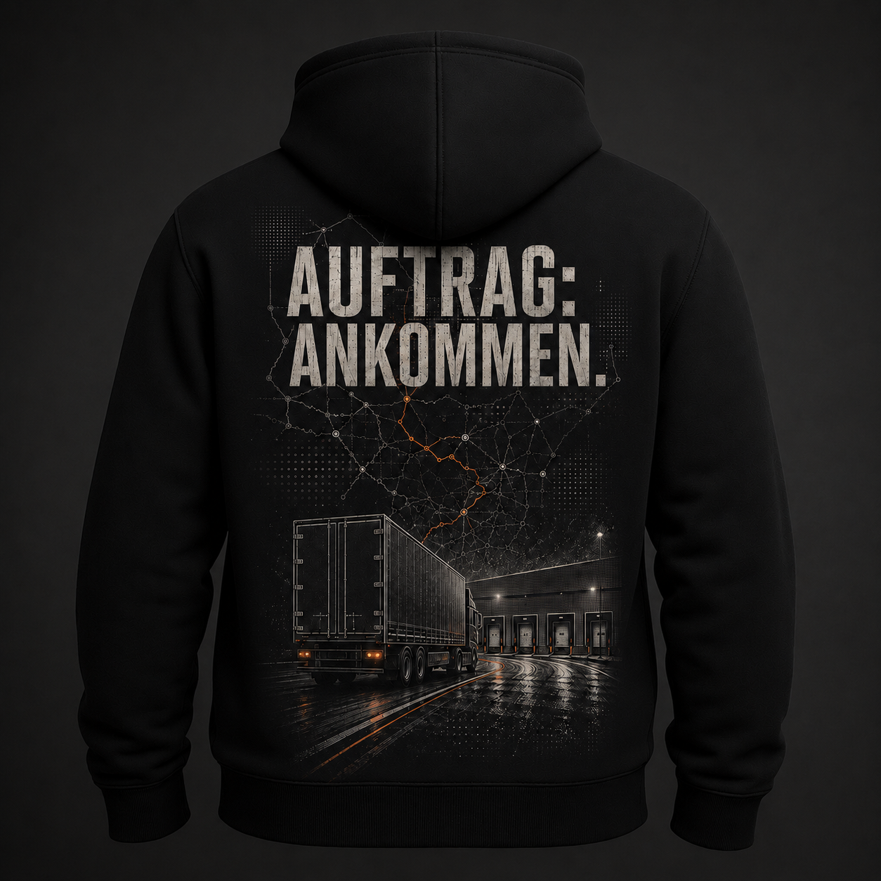 Trucker-Hoodie „AUFTRAG: ANKOMMEN.“ – optional mit Frontname | ab 52,90€