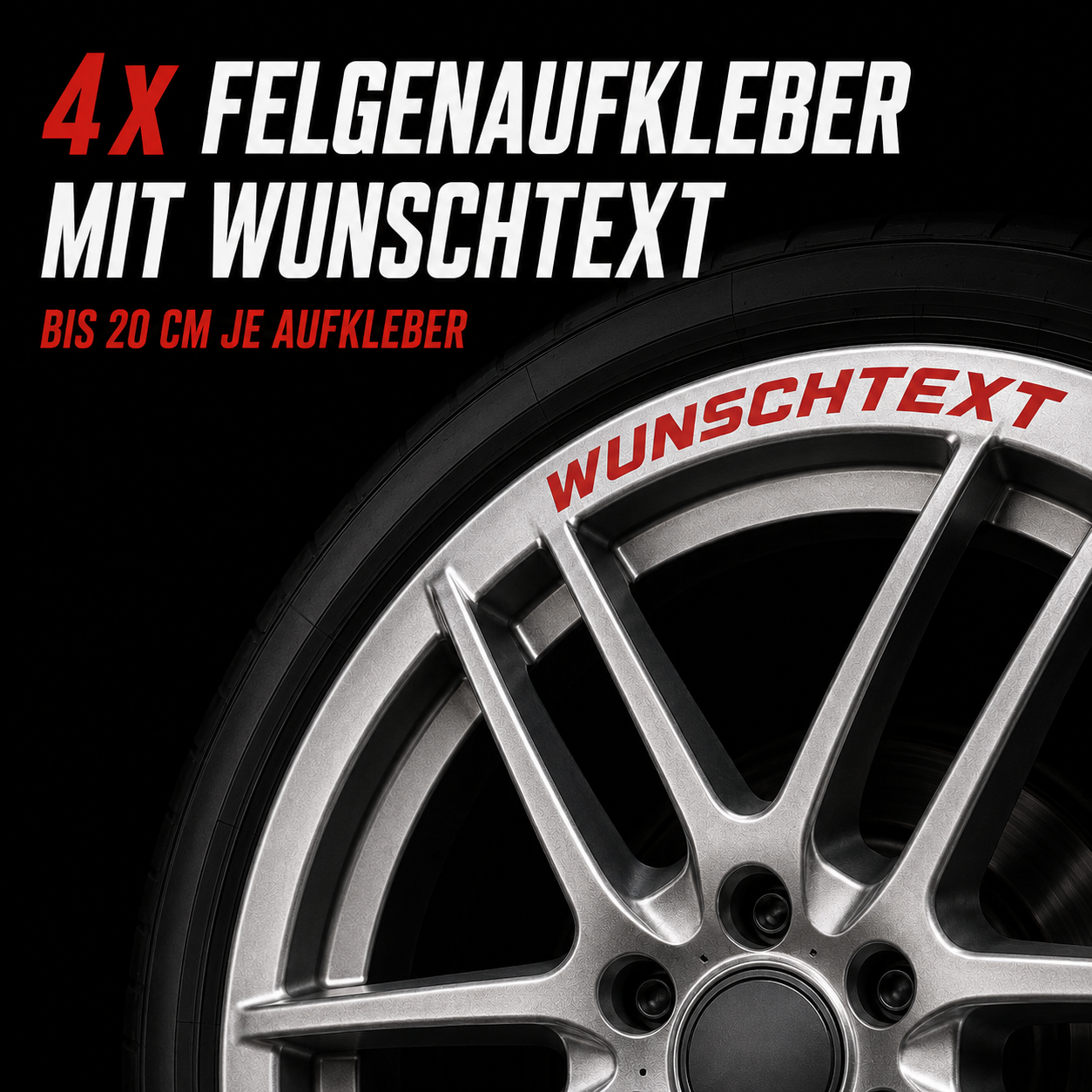Felgenrandaufkleber mit Wunschtext – 4er-Set | bis 20 cm | ab 14,99€
