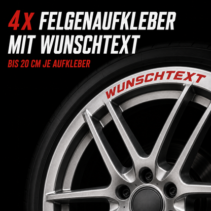 Felgenrandaufkleber mit Wunschtext – 4er-Set | bis 20 cm | ab 14,99€