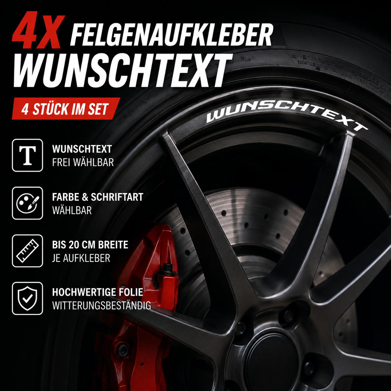 Felgenrandaufkleber mit Wunschtext – 4er-Set | bis 20 cm | ab 14,99€