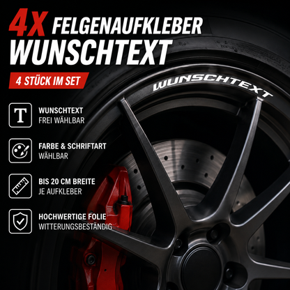 Felgenrandaufkleber mit Wunschtext – 4er-Set | bis 20 cm | ab 14,99€