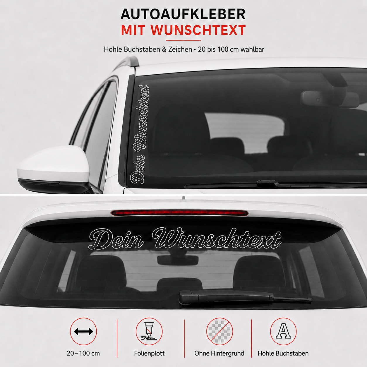 Scheibenaufkleber mit hohlem Wunschtext | 20 bis 100cm | Outline | ab 9,99€