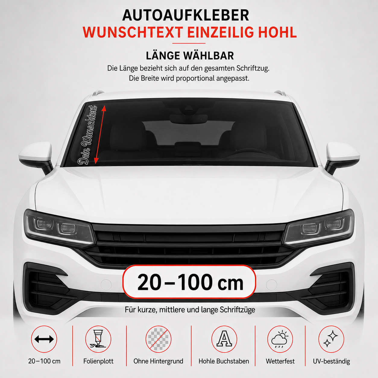 Scheibenaufkleber mit hohlem Wunschtext | 20 bis 100cm | Outline | ab 9,99€