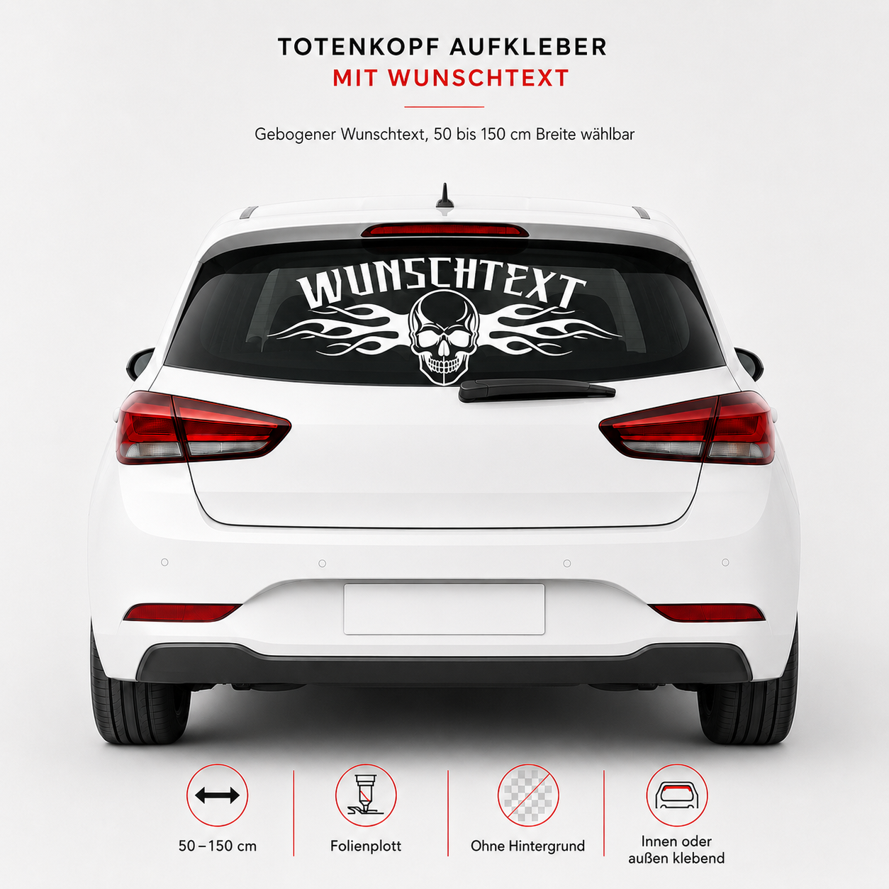 Totenkopf Aufkleber mit Flammen und Wunschtext | gebogen | 50 bis 150cm | ab 18,99€