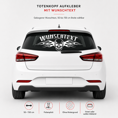 Totenkopf Aufkleber mit Flammen und Wunschtext | gebogen | 50 bis 150cm | ab 18,99€