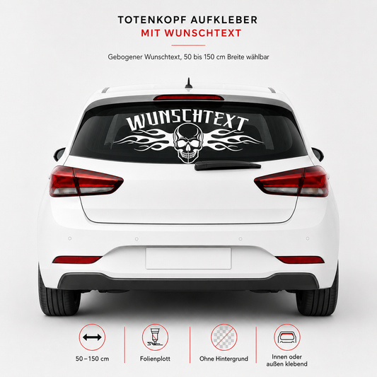 Totenkopf Aufkleber mit Flammen und Wunschtext | gebogen | 50 bis 150cm | ab 18,99€