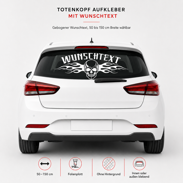 Totenkopf Aufkleber mit Flammen und Wunschtext | gebogen | 50 bis 150cm | ab 18,99€