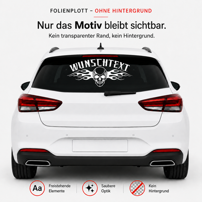 Totenkopf Aufkleber mit Flammen und Wunschtext | gebogen | 50 bis 150cm | ab 18,99€
