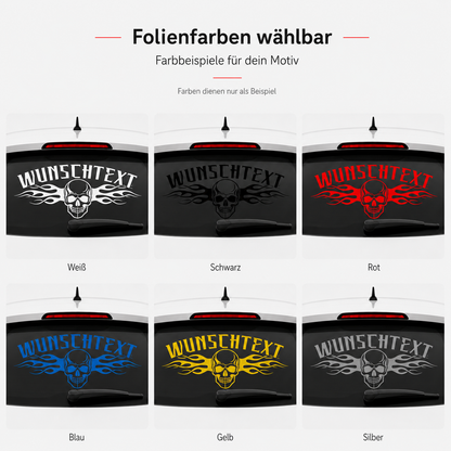 Totenkopf Aufkleber mit Flammen und Wunschtext | gebogen | 50 bis 150cm | ab 18,99€