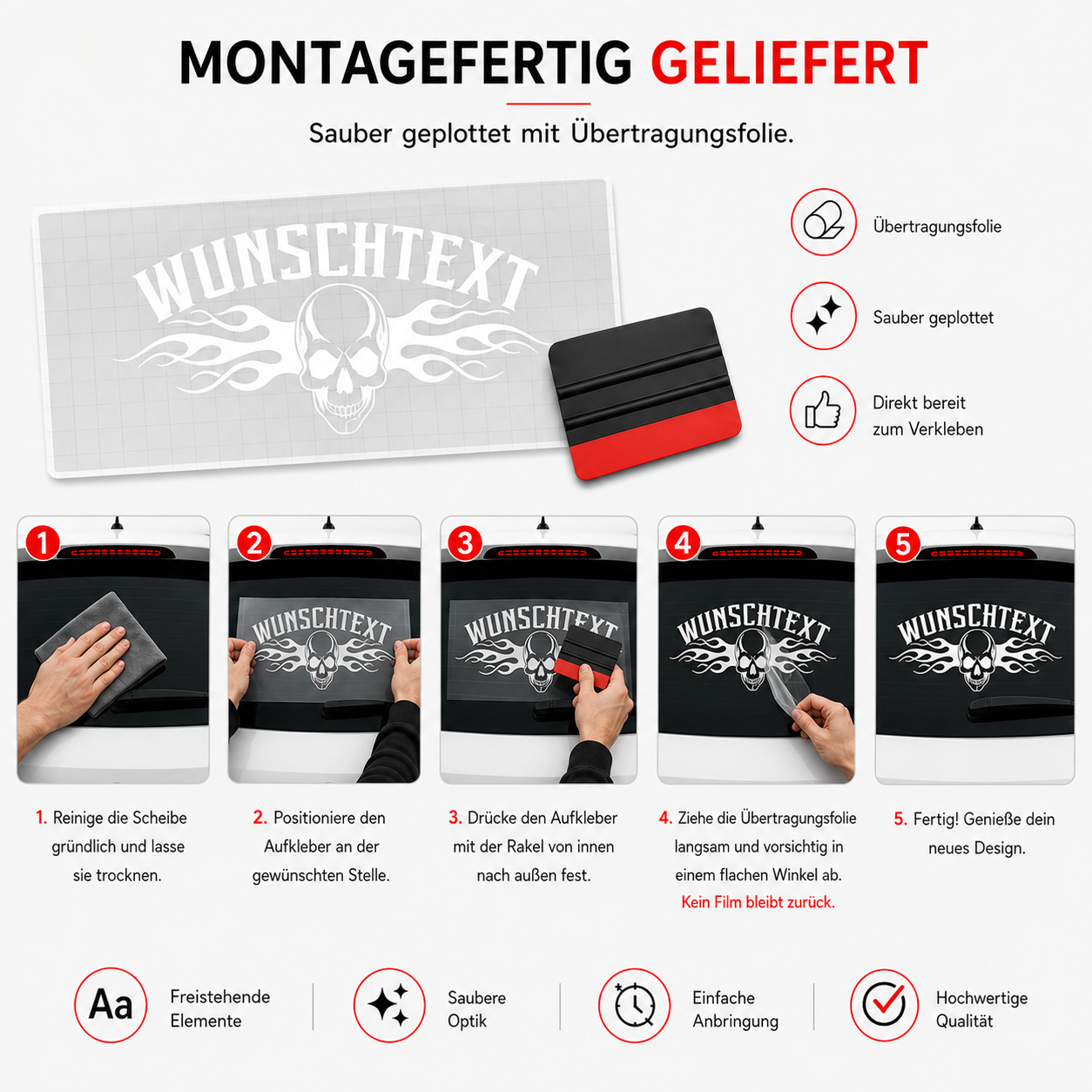 Totenkopf Aufkleber mit Flammen und Wunschtext | gebogen | 50 bis 150cm | ab 18,99€