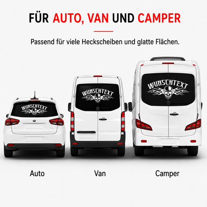 Totenkopf Aufkleber mit Flammen und Wunschtext | gebogen | 50 bis 150cm | ab 18,99€