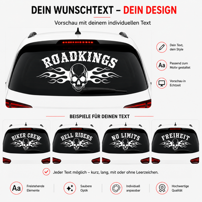 Totenkopf Aufkleber mit Flammen und Wunschtext | gebogen | 50 bis 150cm | ab 18,99€