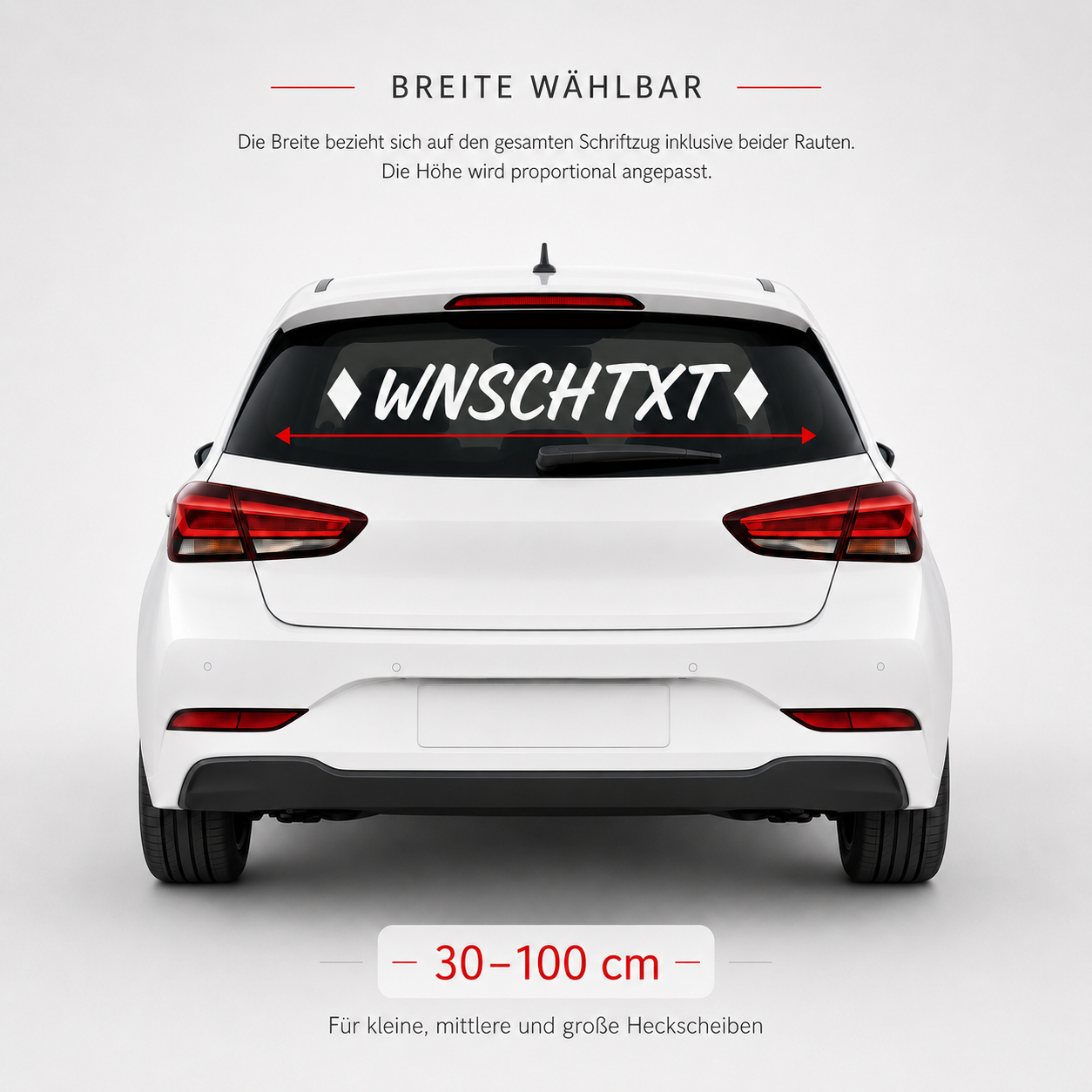 Heckscheibenaufkleber ohne Vokale mit Wunschtext | 30 bis 100cm | einzeilig | ab 6,99€