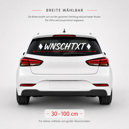 Heckscheibenaufkleber ohne Vokale mit Wunschtext | 30 bis 100cm | einzeilig | ab 6,99€