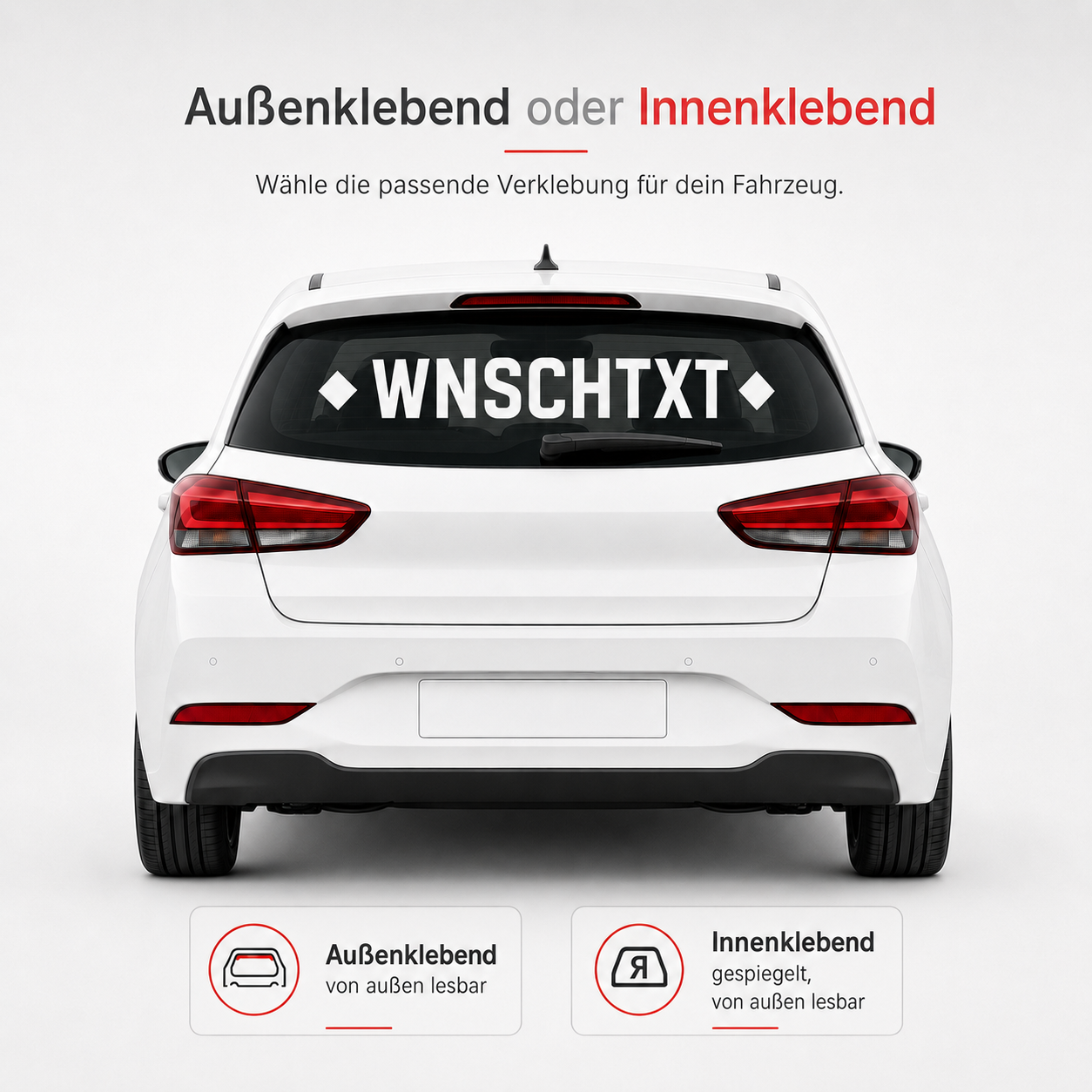 Heckscheibenaufkleber ohne Vokale mit Wunschtext | 30 bis 100cm | einzeilig | ab 6,99€