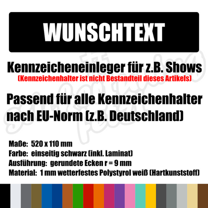 Kennzeicheneinleger 52x11cm "WUNSCHTEXT" | Hartkunststoff | ab 17,99€ | für EU-Kennzeichenhalter