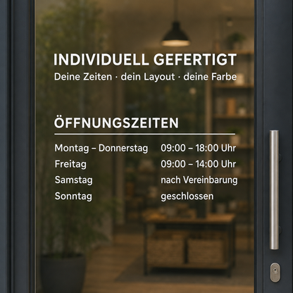 Öffnungszeiten-Aufkleber individuell | für Tür, Fenster & Schaufenster | ab 14,90€