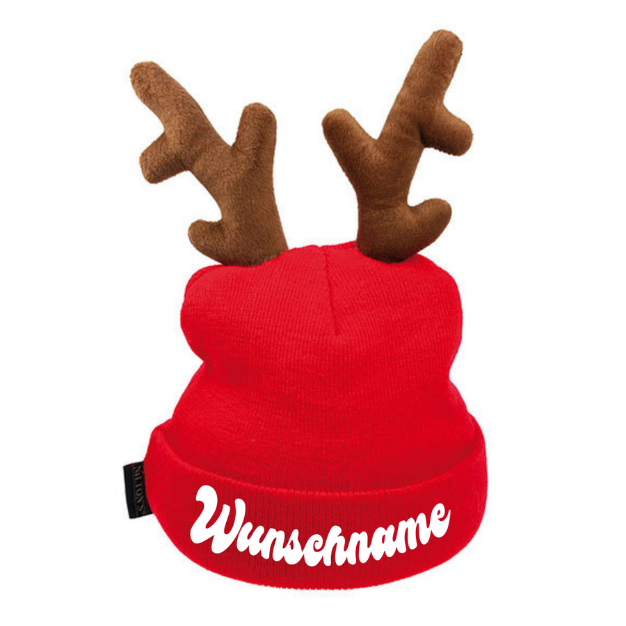 Rentier-Weihnachts­mütze mit Wunschtext